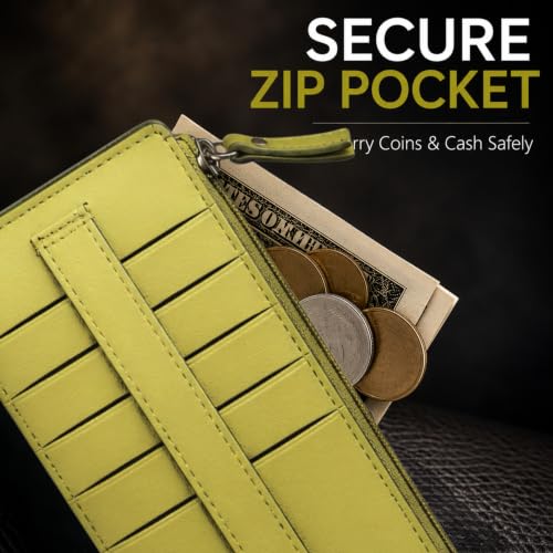 Leatherboss Genuine Leather Women's All in One Credit Business Card Case Holder Slim Zipper Wallet With a Card Protection Strap, Lemon - color: Lemon