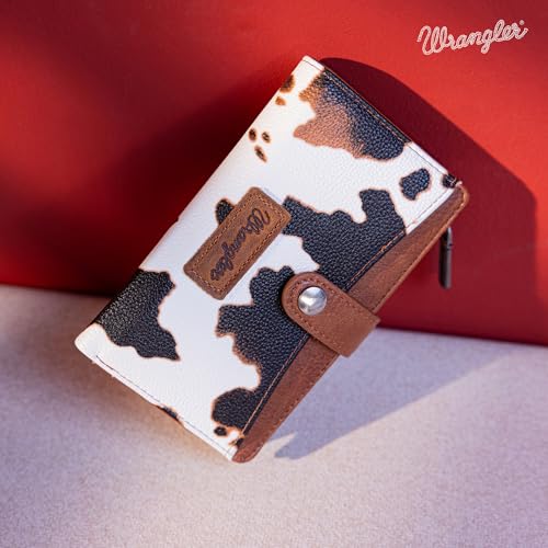 Wrangler Wallet for Women Bifold Card Holder with Zipper and ID Window - color: Cow Print - Brown