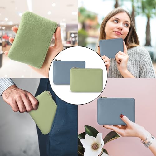 Chelmon PU Leather Coin Purse Pouch Change Holder Small With Zipper for Men Women 2 PCS Set (Blue&Light Green) - color: Blue&Light Green