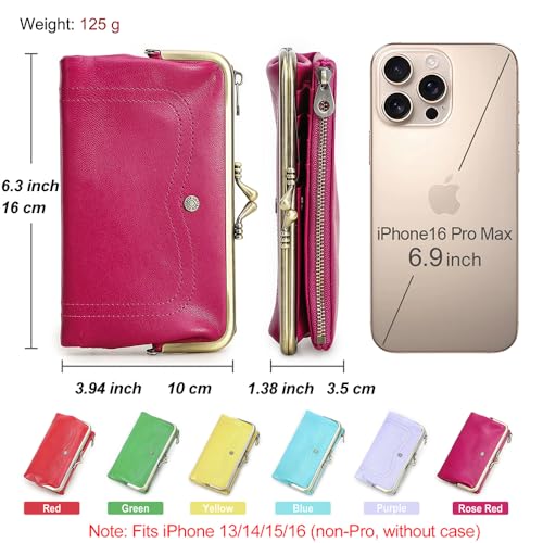 CONTACTS Full Grain Goat Leather Kiss Lock Wallet for Women Vintage Clutch Wallet with Rfid Blocking Zipper Coin Purse (Rose Red) - color: Rose Red