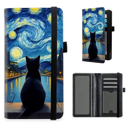 Checkbook Cover for Women and Men, RFID Blocking PU Leather Checkbook Holder Wallet Case with Elastic Strap & Multiple Card Slots, for Checks and Cards, Starry Night Cat - color: Starry Night Cat