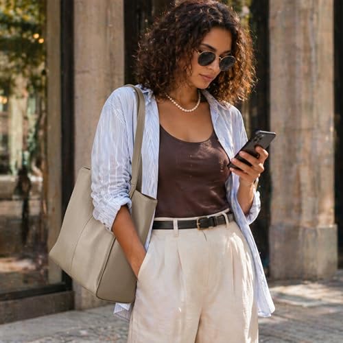 befen Soft Genuine Leather Tote Bag for Women Work with Zipper Slouchy Bags | Real Leather, Slouchy Shoulder Bag, Cup Holder, Travel Purse, Handbag for Daily & Travel, Zipper Tote Bag - color: Taupe