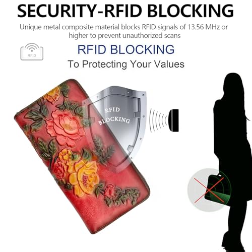 Wallet Genuine Leather for Women - with RFID Blocking Card checkbook ID Slot Large Capacity Vintage style (rose red) - color: rose red