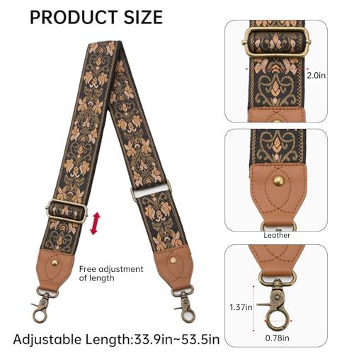 Purse Strap Replacement Crossbody Adjustable Bag Strap Retro Jacquard Embroidery Wide Shoulder Strap for Women Handbags - color: Double-layered Brown Flower