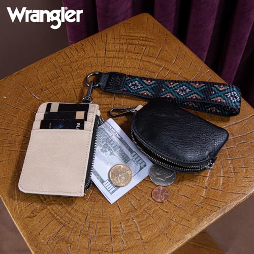 Wrangler Western Keychain Wristlet Wallets for Women Retro Dual Pouch Wristlet Credit Card Holder Wallet with Zipper Pocket WG2214-W0051BK - color: Aztec-Black