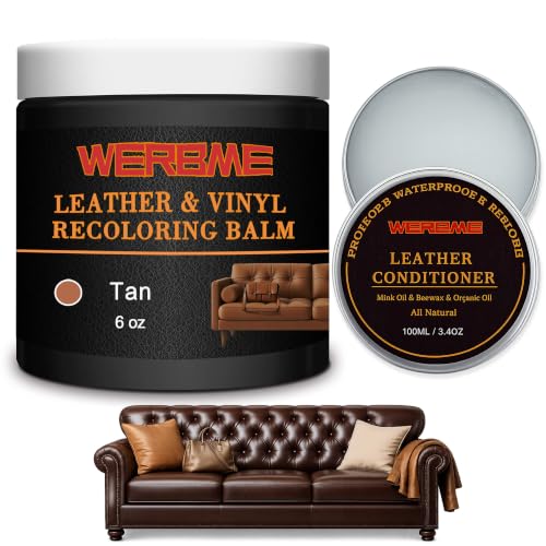 Leather Recoloring Balm & Mink Oil Leather Conditioner, Tan | Restores faded leather, waterproof, scratch repair for couches, car seats, shoes & bags, Complete kit with mink oil & tools - color: Light Brown