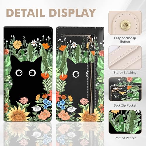 Anikathy Womens Wallet, Rfid Wallets for Women,Slim Thin Credit Card Holder Organizer Purse,PU Leather Cute Long Bifold Clutch Cash Wallet with Zipper Coin Pocket,Ladies Gift,Flowers and Black Cat D - color: Flowers and Black Cat D