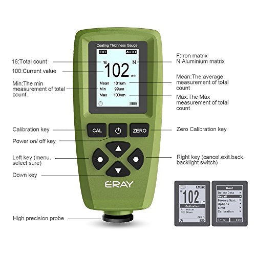 ERAY Mil Thickness Gauge, Coating Thickness Gauges with Backlight LCD Display | Paint Depth Gauge Meter for Car Automotive, Limit Alarm/Data Storage/Export Data/PC Software Analysis (Green) - color: Green