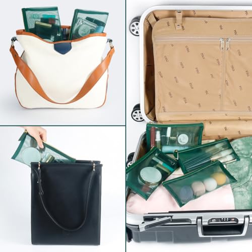 Mesh Cosmetic Bag, 4pcs Nylon Makeup Pouches with Leather Pull and Golden Zipper for Purse Diaper Bag (Emerald Green) - size: Flat