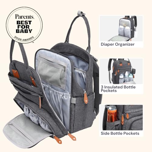 BabbleRoo Diaper Bag Backpack - Baby Essentials Travel Tote - Multi Function Water Resistant Diaper Bag, Travel Essentials Baby Bag with Changing Pad, Stroller Straps & Pacifier Case - Dark Gray - color: Dark Gray, size: Large