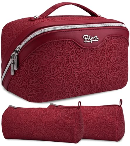 BOYATU Travel Makeup Bags Cosmetic Organizer Bag: 3 Pcs Set Large Capacity Make up Bag with Compartments - Waterproof Leather Toiletry Bags with Handle for Women (A-Red) - color: A-Red