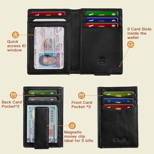 Zitahli Mens Slim Wallet - RFID Blocking Leather Bifold with Magnetic Closure, 12+ Card Capacity ID Window | Money Clip Gifts for Him - color: Classic Black