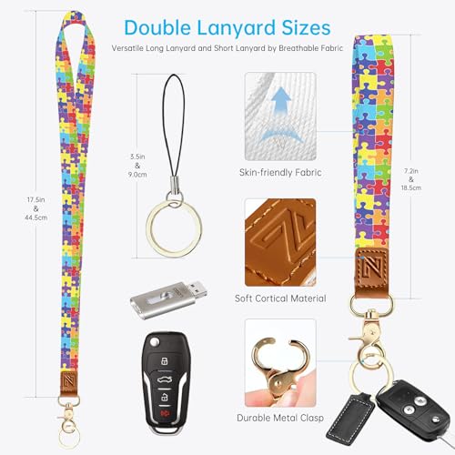 2-in-1 ID Badge Holder & Lanyard Wallet，Cute Zippered Pouch Puzzle | for Teachers,Nurse,Professionals，Removable Wristlet & Neck Lanyard,5 Card Slots Stylish Work Essential - color: Puzzle