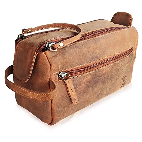 Rustic Town Leather Wash Bag for Men - Travel Toiletry Bag - Shaving Dopp Kit Toiletries Organizer - Leather Makeup Bag for Women | Main Compartment, Interior & Exterior Zip Pockets, YKK Zippers, Waterproof Lining; TSA Carry-On; Gifts for Him, Brown - col