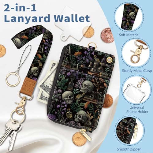 Lanyard Wallet with Id Badge Holder Goth Keychain for Card Women - color: Goth Skull