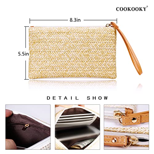 COOKOOKY Womens Straw Clutch Bag Bohemian Summer Beach Straw Purse Zipper Wristlet Wallets for Women - color: Beige