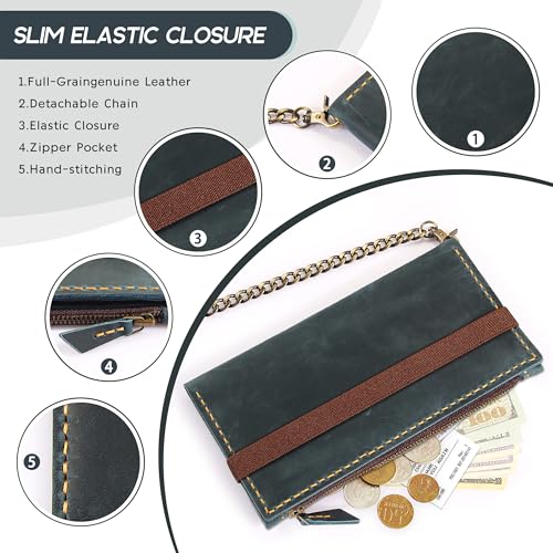 Robrasim Leather Wallet for Men and Women, Handmade Detachable Chain Wristlet Long Bifold Clutch with Large Capacity Zipper Coin Pocket (Blue, 7.87"x4.17") - color: Blue