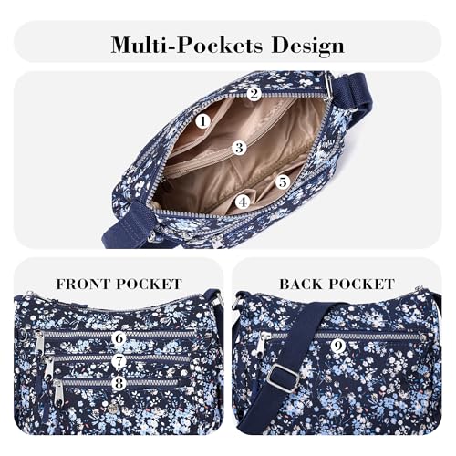 AOCINA Nylon Crossbody Bags for Women Multi Pocket Cross Body Purses - color: Blue Florals, size: Small