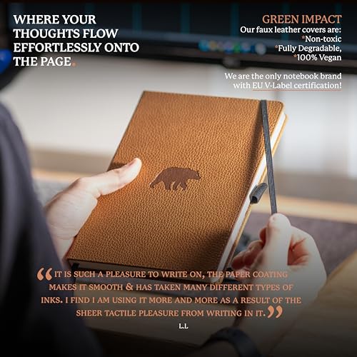 Dingbats* Wildlife Dotted Writing Journal Notebook A5 - Vegan Leather Hardcover - Ideal for Work, Travel - Pocket, Elastic Closure, & Bookmark - color: Brown Bear, style: Dotted