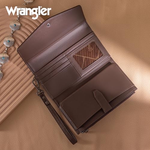 Montana West X Wrangler Womens Wallet Large Capacity Long Compact | Women's Wallets Wristlet for Woman Ladies Female Trifold Cash Wallet with Wrist Strap and Rfid Lining - color: Trifold-Coffee