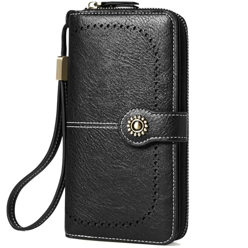 TFKGS Wallet for Women RFID Blocking Leather Large Capacity Card Holder Ladies Phone Clutch Travel Long Purse Wristlet | RFID Blocking - color: 1-Black