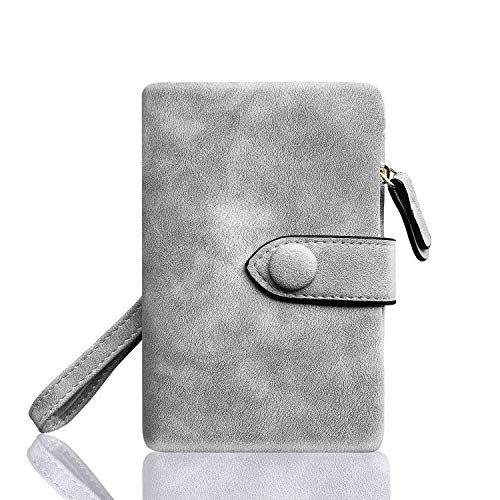AOXONEL Women's Small Bifold Leather wallet Rfid blocking Ladies Wristlet with Card holder id window Coin Purse - color: Grey