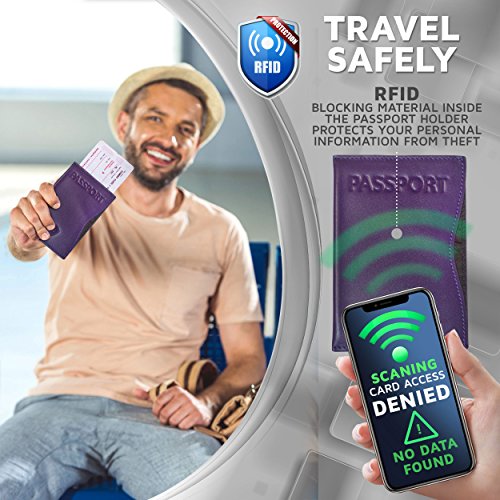 Alban RFID Passport Holder for Women & Men, Genuine Leather Passport Cover - color: Purple