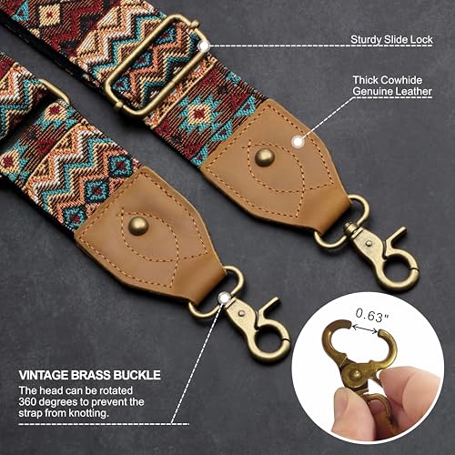 Nefelibata Purse Strap-2" Crazy Horse Leather Wide Shoulder Strap Adjustable Replacement,Retro Jacquard Embroidery Multi-pattern Crossbody Bag Straps for Handbag,Crossbody Bags(Ethnic style brown) - color: Ethnic Style Dark Brown