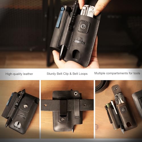 Topstache Leather Multitool Sheath with Belt Clip - Leather Multitool Holder with Closure Flap - EDC Belt Organizer Fits Multitool, Flashlight, Pen - EDC Pouch Belt Holster Case, Black - color: Black