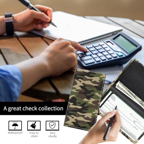 Checkbook Cover for Personal Checkbook, Cute Pu Leather Check Book for Women & Men, Slim Checkbook Holder with Pen Holder and Built-in Clear Plastic Divider, Green Camouflage - color: Green Camouflage