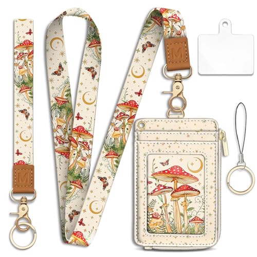 Mushroom Lanyard Wallet with Id Badge Holder Keychain Card Women - color: Mushroom Yellow