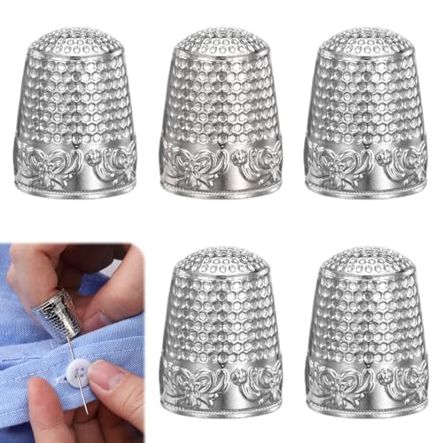 HJZHII 5Pcs Sewing Thimbles for Hand Sewing, Silver Metal Finger Protector, Quilting Craft Accessories for Knitting Needlework DIY Tools