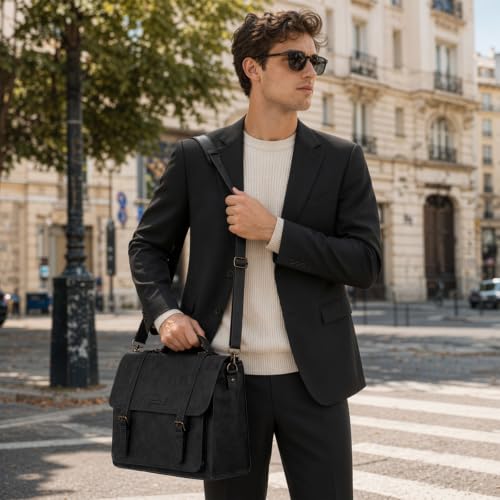 RAINSMORE Messenger Bag for Men 17 Inch Vintage PU Laptop Briefcase, Black | Large Capacity Work Bag with Magnetic Flap, Water-Resistant PU Leather, 3-Way Carry for Office, Business Travel & College - color: Black