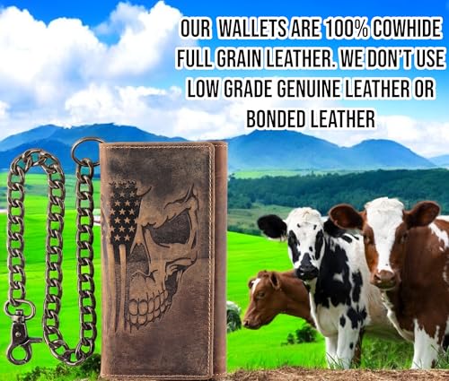 F&L CLASSIC RFID Blocking Mens Tri-fold Long Style Cowhide Leather Steel Chain Wallet,brown flag/skull,212-103 - color: brown with Flag/skull