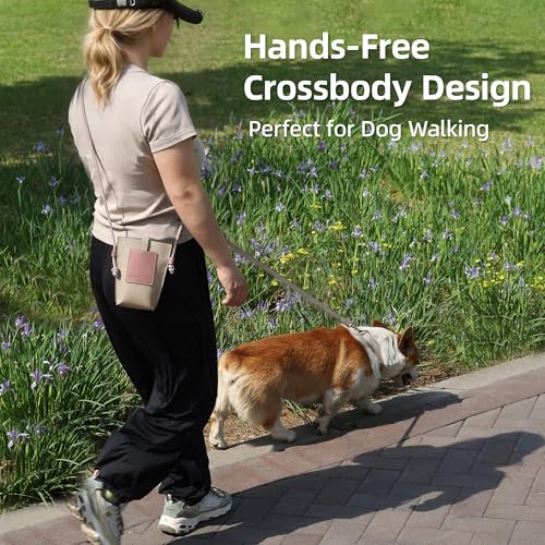 Crossbody Dog Walking Bag with Snap Closure，Dog Treat Pouch Training Bag with Open Top, Waterproof Vegan Leather Pet Training Pouch, Hands-Free Treat Bag for Dog Trainers, Phone & Treat Storage,Beige - color: Beige