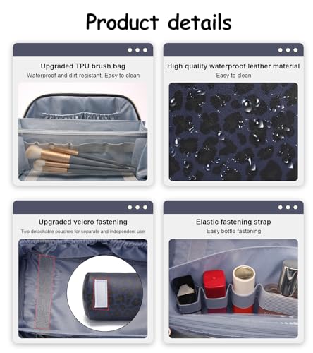 BOYATU Travel Makeup Bags Cosmetic Organizer Bag: 3 Pcs Set Large Capacity Make up Bag with Compartments - Waterproof Leather Toiletry Bags with Handle for Women (B-Blue) - color: B-Blue
