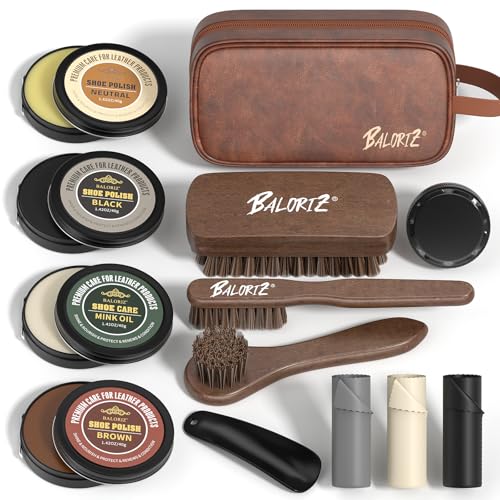13Pcs Shoe Polish Kit, Shoe Shine Kit for Men & Women with Horsehair Brush, Mink Oil for Leather Boot Shoe Care Kit - color: Brown Bag