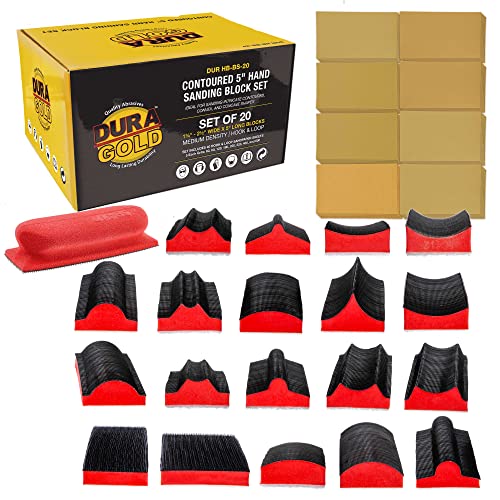Dura-Gold 20-Piece Contoured Profile 5" Hand Sanding Block Set with 40 Sheet Hook & Loop Sandpaper Kit - Interchangeable Assorted Convex & Concave Shapes - Sand Wood Woodworking Furniture, Auto Paint - size: 20-Piece