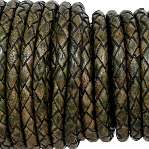 GENIQUE Real/Genuine Round Braided Leather Cord String Rope Folded, Leather Rope for Crafts, Jewelry Making, Necklace, Bracelets (Green Distressed, 3mm) - color: Green Distressed, size: 3mm