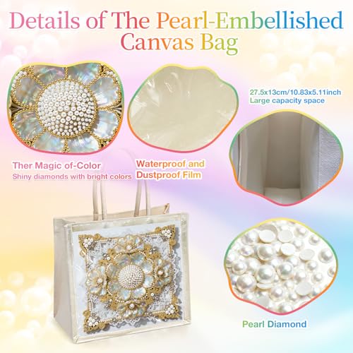 Xylzzuit DIY Pearl Painting Canvas Tote Bag Kit 11.42IN Diamond Art Handbag for Women Shopping Grocery Bag Dots Beads Art Craft Gift (Flower02) - color: Flower02