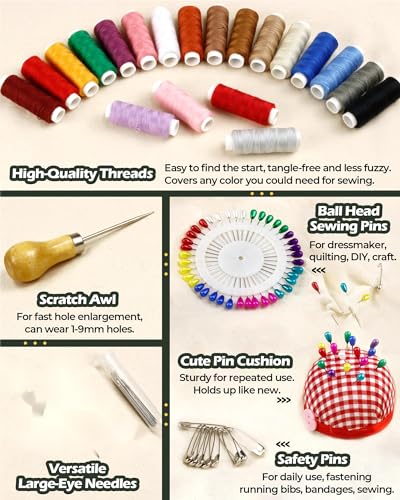 Heavy Duty Sewing Kit, Upholstery Repair Sewing Kit with Sewing Awl, 120PCS | Sewing Kit, Large-Eye Needles, Sewing Awl, Seam Ripper, 20 Colors Sewing Thread, Upholstery Repair, Leather Repair, DIY - color: 20 Color (Pack of 120)