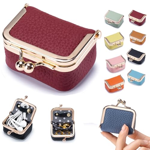 Genuine Leather Mini Jewelry Box & Coin Purse for Women, Travel Jewelry Case with Kiss Lock, Holds Earrings, Rings, Necklace, Bracelet, Coins (Red) - color: Red - 2.5in
