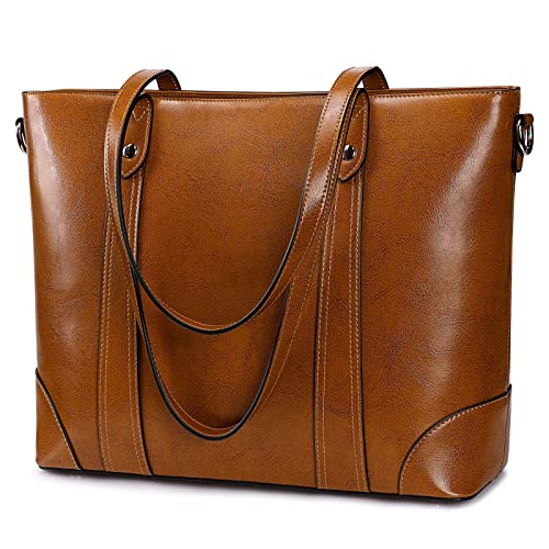 S-ZONE Leather Tote Bag for Women Large Work Shoulder Handbag with Zipper - color: Light Brown
