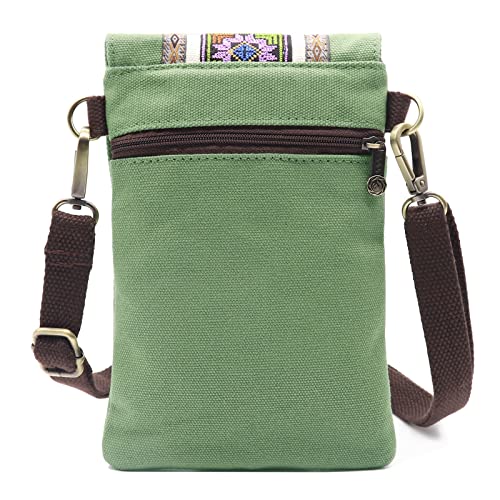 SILKAREA Vintage Embroidered Canvas Flip Small Crossbody Bag Cell Phone Pouch for Women Wristlet Wallet Bag Coin Purse - color: Dark Green