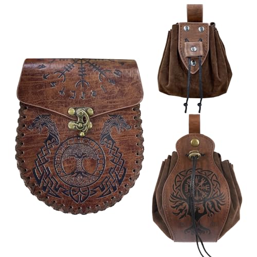 EpicCos 3 PCs Medieval Faux Leather Belt Bag Set, Renaissance Drawstring Pouch Dice Bag, Vintage Side Pack Coin Purse for LARP (Brown A) - color: Brown A