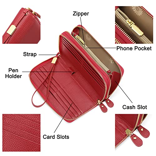 SENDEFN Leather Women Wallet RFID Blocking Zipper Around Phone Holder Clutch Wristlet Large Capacity - color: Red