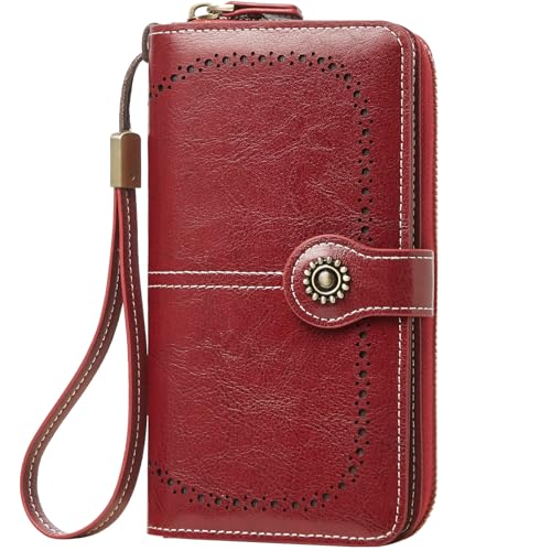 TFKGS Wallet for Women RFID Blocking Leather Large Capacity Card Holder Ladies Phone Clutch Travel Long Purse Wristlet | RFID Blocking - color: 2-Upgrade-Wax-Red