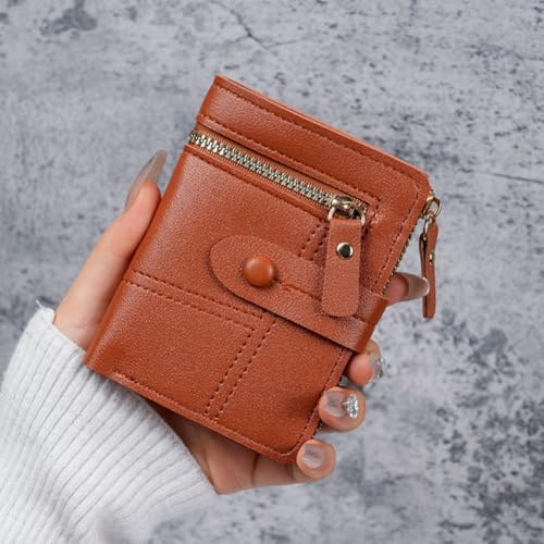 Women's Multi-Card Slot Wallet - Small Zipper Coin Purse with Snap Button Closure & ID Window - color: Bronze