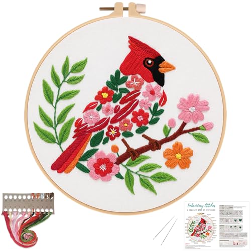 Louise Maelys Cardinal Embroidery Kit, Cross Stitch Kit for Beginne | Animal Embroidery Starter Kit With Stamped Fabric, Hoop, Threads, Needles And Instructions For Adults,Easy Needlepoint - color: birds