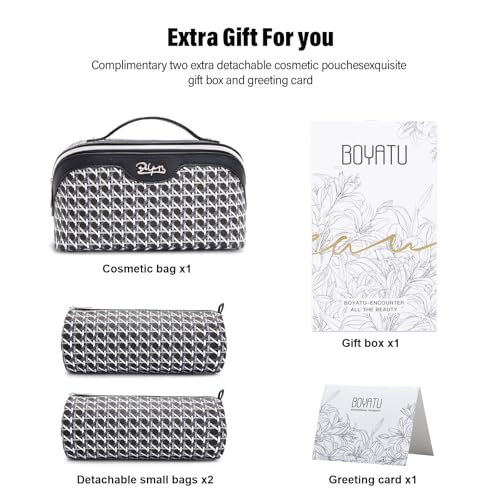 BOYATU Travel Makeup Bag Cosmetic Bags for Women: 3 Pcs Set Make up Bag | Large Capacity Waterproof Vegan Leather Organizer Bags with Compartments - Lay flat Toiletry with Handle (M-76Black) - color: M-76Black